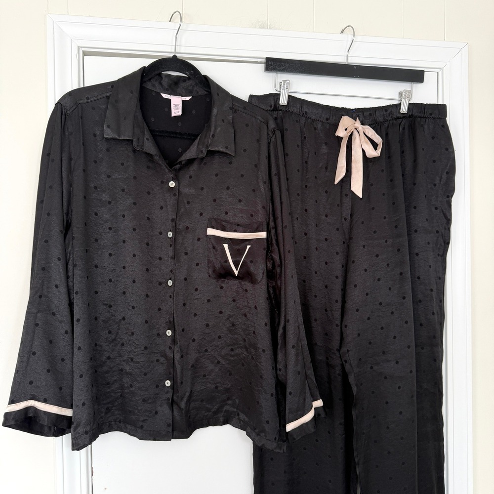 Victoria's Secret Satin Pajama Set XL Black Swiss Dot Button Front 2 Piece